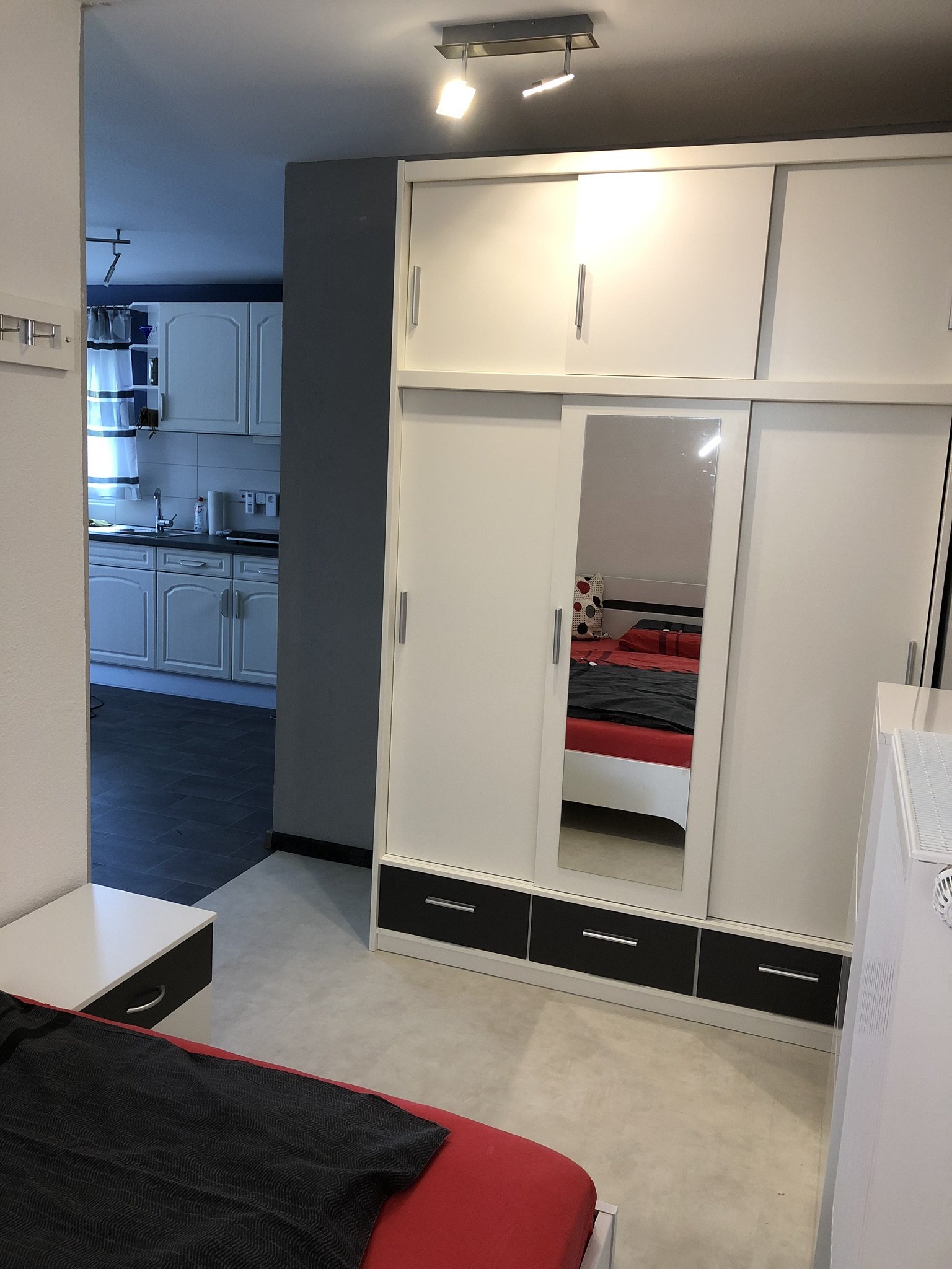 unser geräumiger Kleiderschrank mit Durchgang zum Wohn-Essbereich